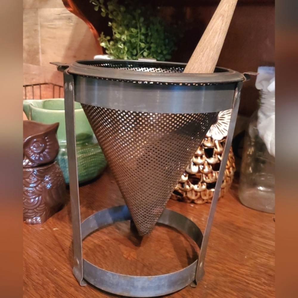 Vintage metal /tin strainer sieve with stand & wood Pestle Cottagecore